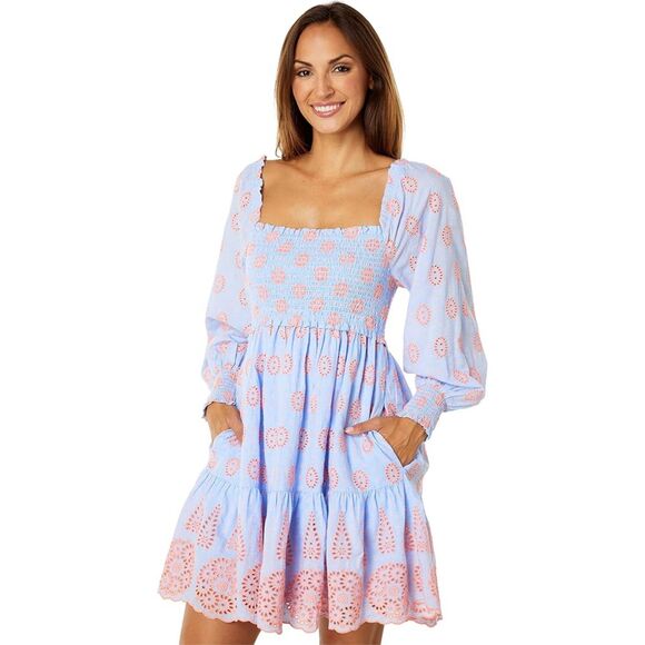Lilly Pulitzer Rainna Eyelet Smocked Dress Blue Peri Chambray Dobby Eye Small - Picture 1 of 11